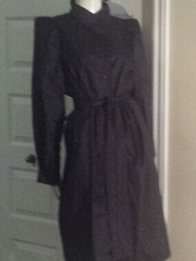 Weather Wise by Betsy B Rubberized Vintage Black Belted Raincoat Puff Shoulder